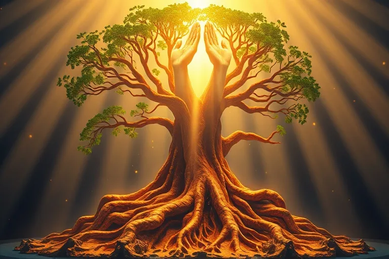 Mapa digital 3D de una nación enraizado en un árbol, con manos entrelazadas abstractas y luz etérea.