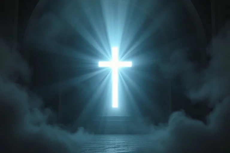 Cruz de luz emergiendo de la niebla en un paisaje abstracto, simbolizando la esperanza y la guía divina en la oscuridad.
