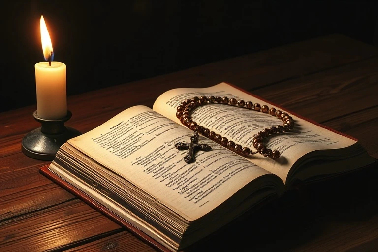 Una Biblia abierta con un rosario delicadamente colocado sobre sus páginas y una vela votiva encendida, creando una atmósfera de devoción y paz espiritual.