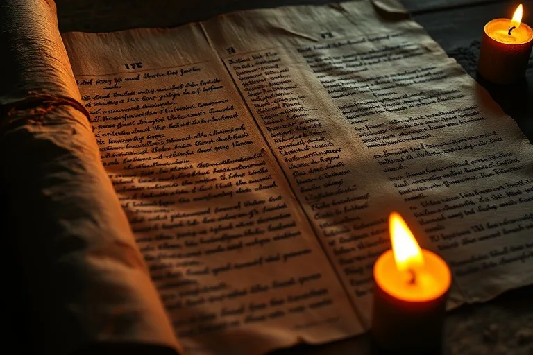Un pergamino antiguo y desgastado con escritura ilegible, iluminado por la suave luz de una vela. El ambiente es místico y reverente, con tonos sepia y sombras profundas. NO humans, NO faces, NO people.