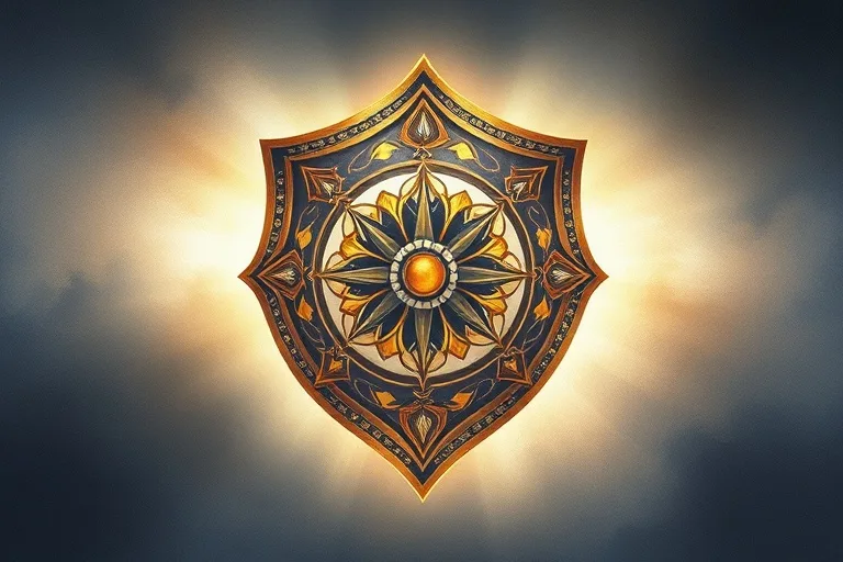Una representación artística de un escudo estilizado, con un diseño que evoca protección y seguridad, rodeado de una luz suave y difusa. El estilo es de pintura digital con un toque etéreo. NO humans, NO faces, NO people.
