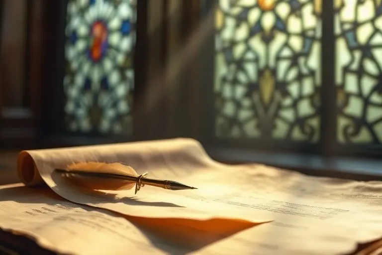 Una antigua pluma de ave sobre un pergamino iluminado por una luz etérea, con un fondo sutil de vidrieras, evocando la transmisión de mensajes divinos a través del tiempo.