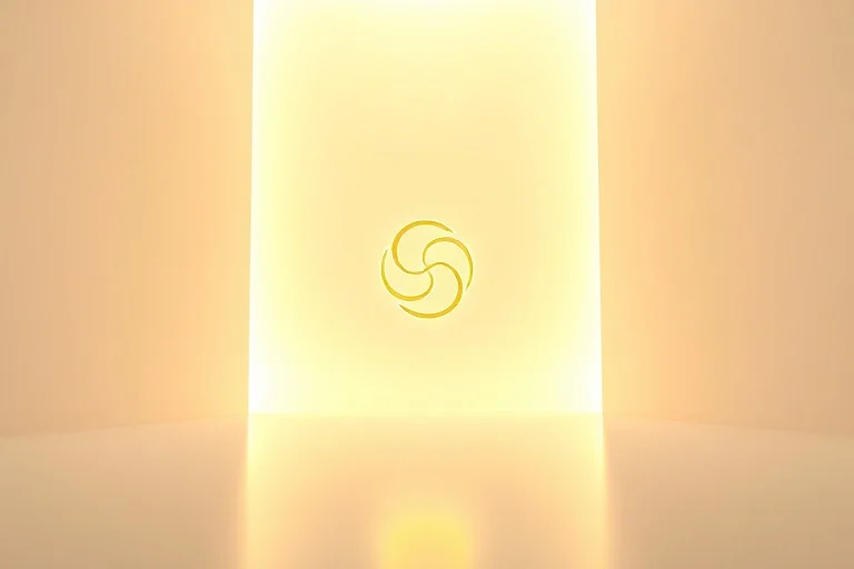 Una luz dorada etérea que ilumina un símbolo abstracto de comunicación o conexión espiritual en un espacio sereno y minimalista, representando la guía divina.