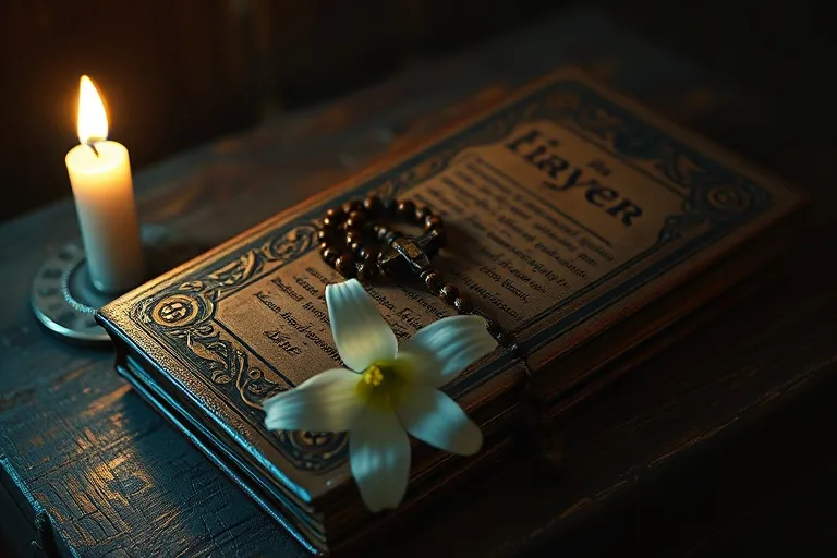 Fotografía cinematográfica de un libro de oraciones antiguo, un rosario y un lirio blanco sobre un altar de madera, con luz de vela.