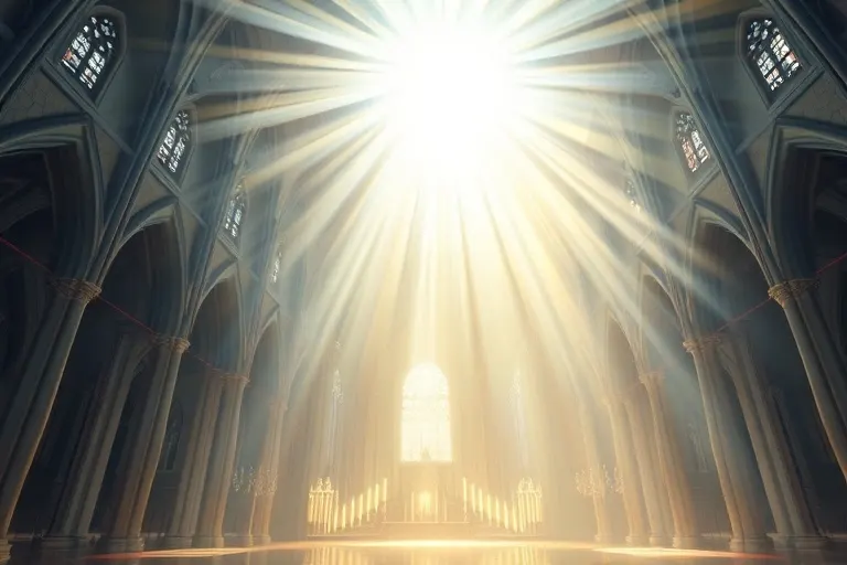 Arte digital conceptual de un vórtice de luz ascendente, con elementos arquitectónicos sutiles de una catedral, simbolizando la ascensión espiritual.
