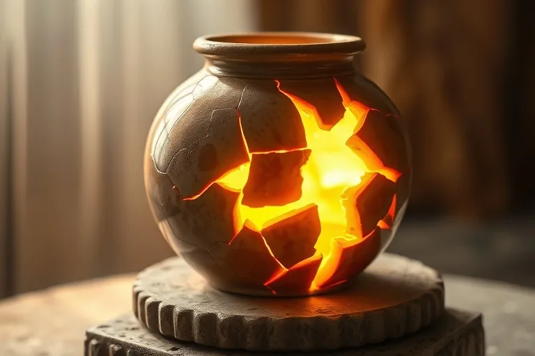 Vase roto siendo reparado con luz dorada, simbolizando la sanación de heridas familiares y la reconstrucción de la unidad.