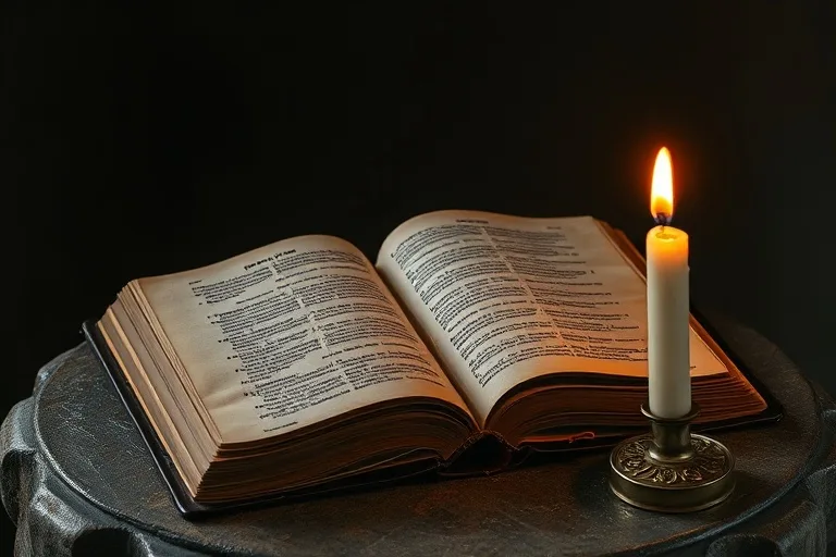Antigua Biblia abierta con versículos resaltados y una vela encendida