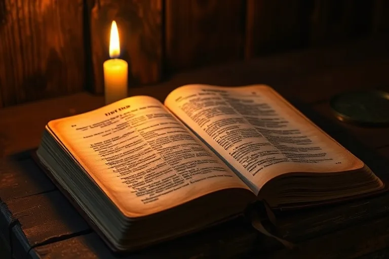 Una Biblia antigua abierta en un altar de madera rústica, iluminada por una vela parpadeante, simbolizando la sabiduría divina y la guía en la oración.