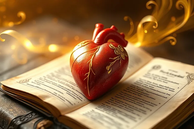 Ilustración 3D de un corazón estilizado con hilos dorados, sobre un manuscrito antiguo, rodeado de luz etérea. Simboliza la oración y la sabiduría espiritual.