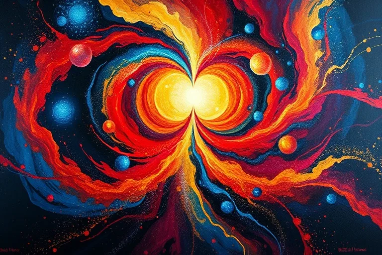 Pintura al óleo abstracta con remolinos de índigo, carmesí y oro, convergiendo en un punto luminoso central. Evoca movimiento y energía espiritual divina.