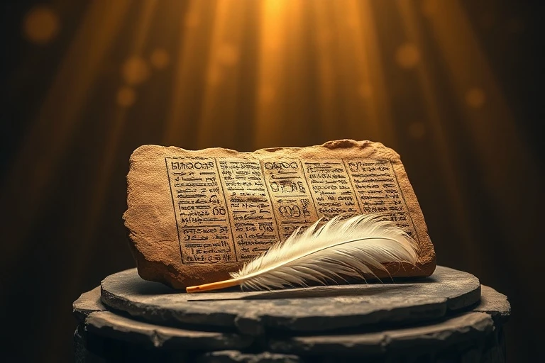 Una antigua tablilla de arcilla con inscripciones cuneiformes y una pluma de ave, iluminada por una luz divina, simbolizando la revelación escrita.