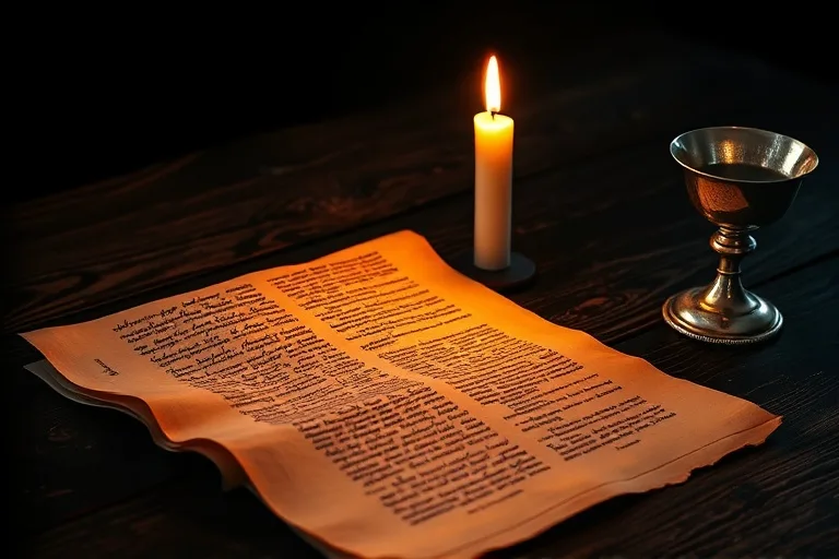 Un antiguo pergamino abierto sobre una mesa de madera rústica, con una vela encendida y un cáliz, evocando un ambiente de estudio y contemplación espiritual.