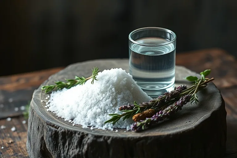 Bodegón con sal, agua y hierbas aromáticas sobre una mesa rústica, simbolizando la purificación y la sabiduría ancestral.