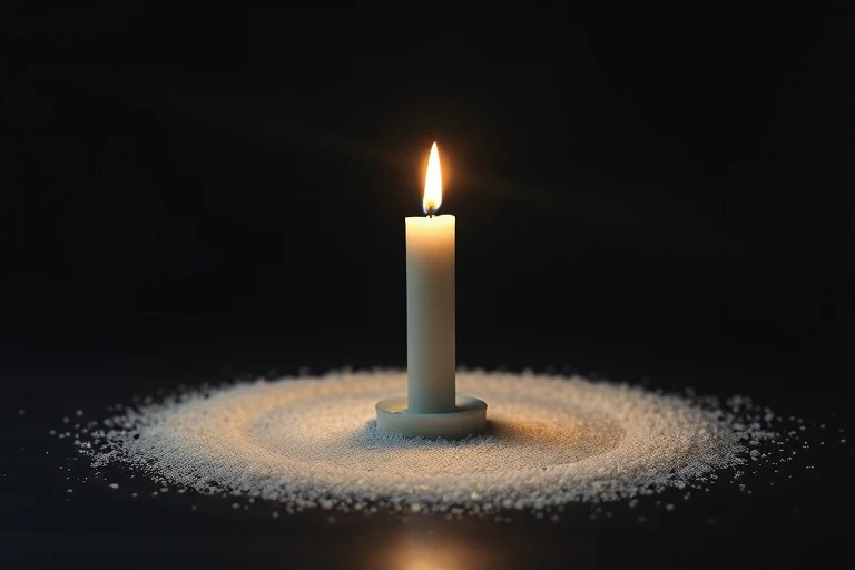 Vela blanca encendida con un círculo de sal en una atmósfera mística, simbolizando la protección y la purificación espiritual.