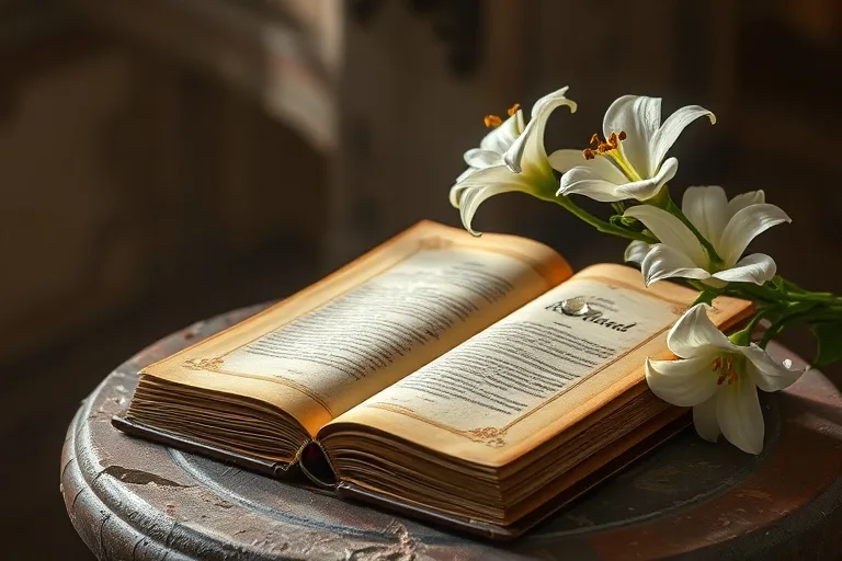 Libro antiguo abierto con lirios blancos y una lágrima, simbolizando la esperanza y renovación a través de la sanación espiritual