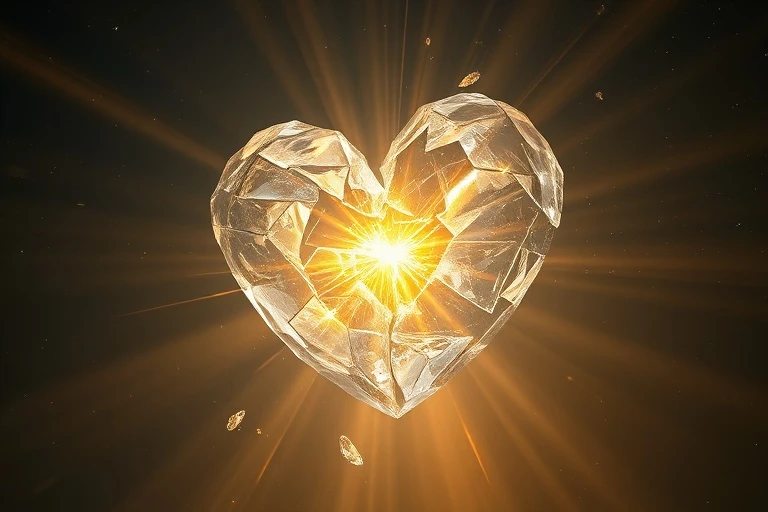 Corazón de cristal roto reensamblándose con hilos de luz dorada en un vacío cósmico, simbolizando la restauración por gracia divina