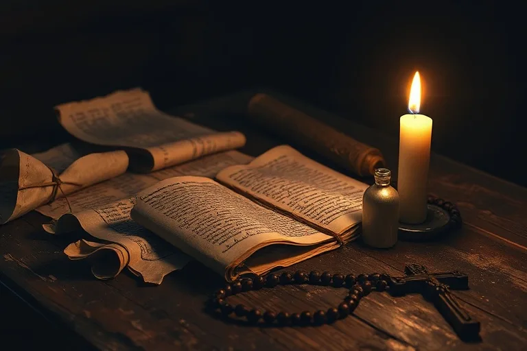 Bodegón cinematográfico de pergaminos antiguos y un rosario sobre una mesa de madera, iluminados por una vela.
