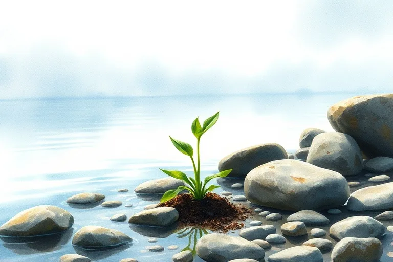 Pintura de acuarela de un río sereno reflejando el cielo, con piedras y un brote verde en la orilla.