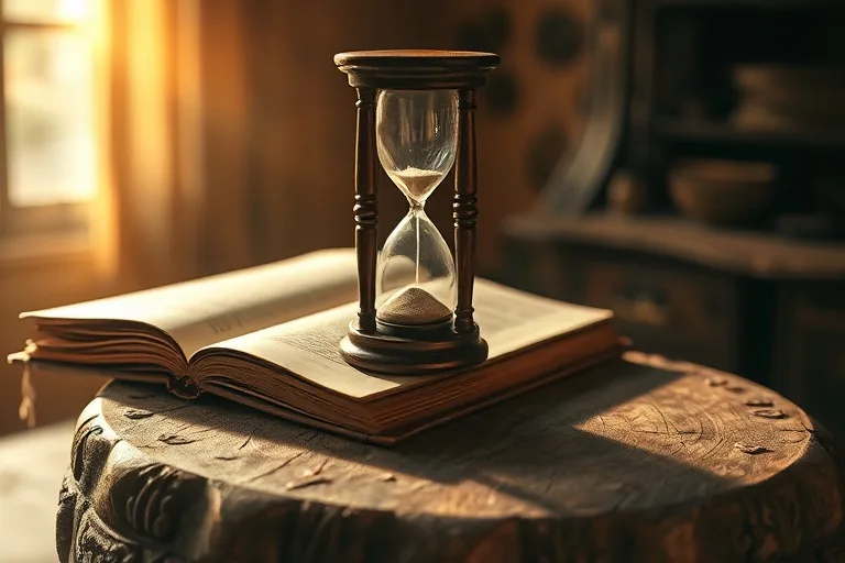 Primer plano de un reloj de arena antiguo en un escritorio de madera con luz matutina.