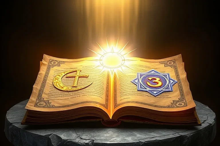 Mosaico digital 3D de símbolos religiosos y espirituales como la cruz, la luna creciente, la estrella de David y el Om, convergiendo en un pergamino antiguo.