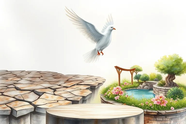 Pintura acuarela de una paloma blanca volando sobre un paisaje que transita de un terreno fragmentado a un jardín sereno, con colores suaves y esperanzadores.