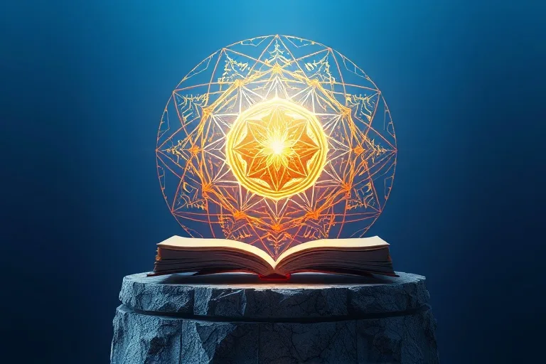 Ilustración digital conceptual de formas geométricas armoniosas en un mosaico, con una esfera central brillante sobre un fondo azul degradado.