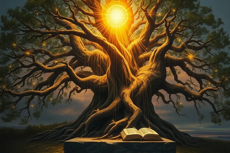 Pintura de un árbol genealógico con raíces entrelazadas y hilos dorados que simbolizan la sanación.