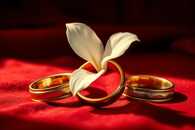 Bodegón cinematográfico de tres anillos dorados entrelazados, con diferentes texturas, sobre un paño de terciopelo. Un lirio blanco puro descansa sobre ellos, bañado en luz cálida, simbolizando unidad y devoción sagrada.