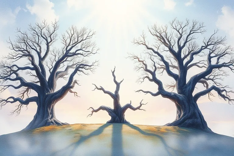 Pintura conceptual en acuarela de tres árboles antiguos y majestuosos en una colina, con ramas que se extienden hacia un cielo de colores armoniosos. Sus raíces interconectadas simbolizan unidad y una niebla etérea añade misticismo.