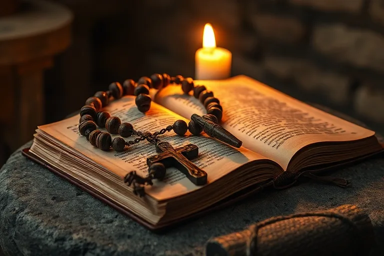 Un rosario antiguo de madera sobre un libro de oraciones de cuero, iluminado por una vela parpadeante, con partículas de polvo en el aire, evocando devoción y fe.