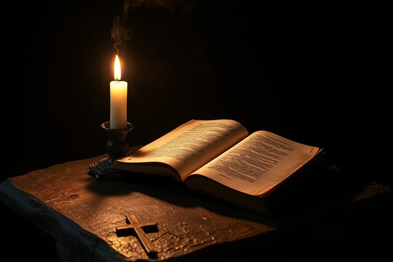 Una vela parpadeante sobre un antiguo escritorio de madera, iluminando un libro abierto y una cruz de madera, con sombras alargadas que evocan una sensación de misterio y temor nocturno.