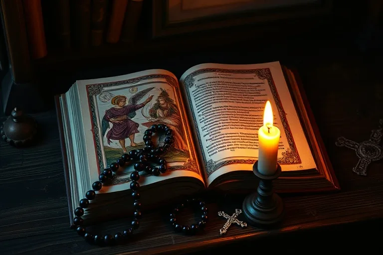 Bodegón cinematográfico de un libro de oraciones antiguo abierto con un manuscrito iluminado de un arcángel, un rosario y una vela encendida sobre un altar de madera.
