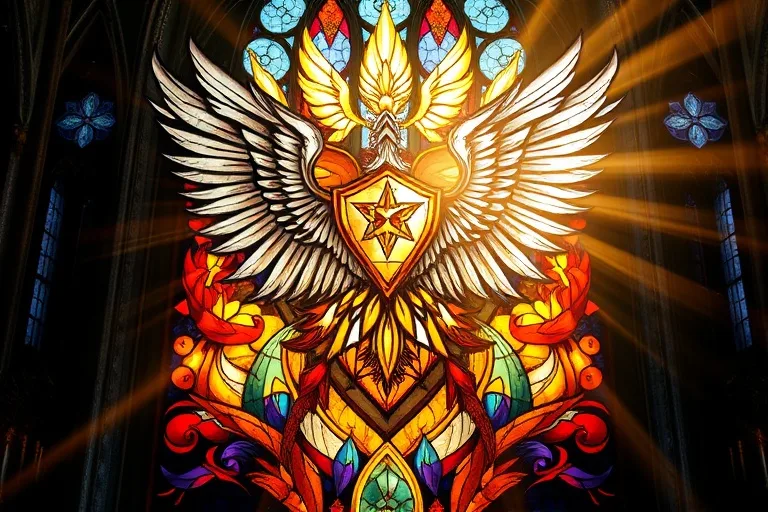 Arte de vitral abstracto que representa un escudo poderoso con intrincados patrones de alas angelicales, brillando con luz interna y rodeado de formas geométricas y colores vibrantes.