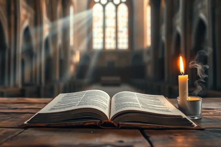 Pintura de acuarela de una vela encendida junto a un libro abierto sobre una mesa rústica, con un fondo borroso de colores suaves.