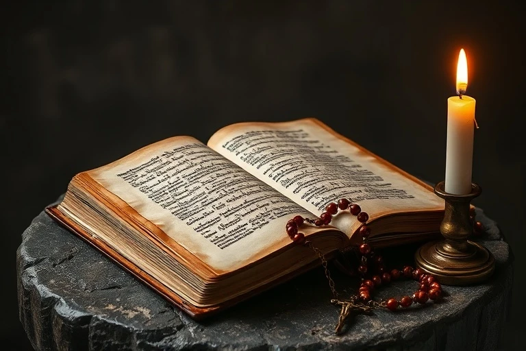 Bodegón de un libro antiguo abierto, un rosario y una vela encendida sobre una mesa de madera, simbolizando la tradición y las herramientas de la oración contemplativa.