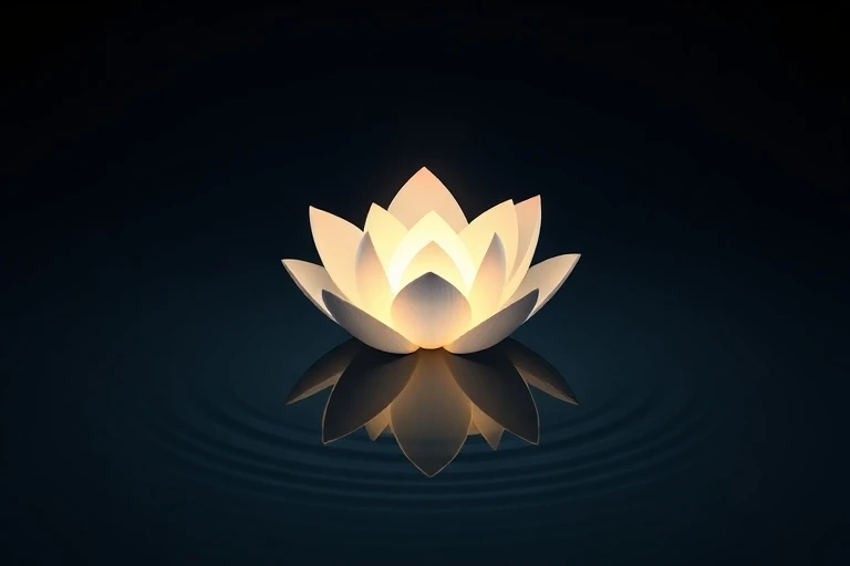 Renderizado 3D isométrico de una flor de loto brillante flotando sobre agua, representando la paz y la claridad mental de la contemplación silenciosa.