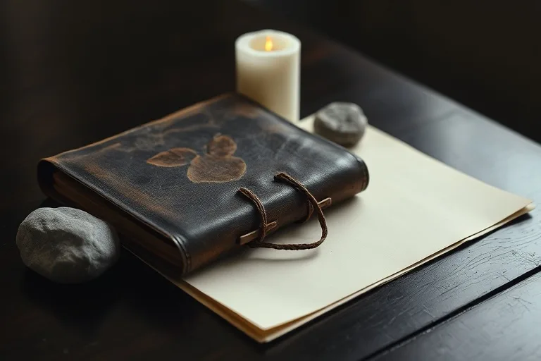 Un diario de cuero, una vela sin encender y una piedra de río en una mesa de madera oscura, evocando introspección y serenidad.