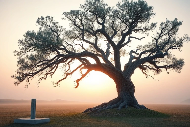 Un antiguo olivo en un campo al amanecer, con ramas retorcidas bajo un cielo pálido, simbolizando la contemplación atemporal y la conexión con la naturaleza.