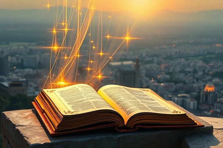 Hilos dorados de luz guiando una ciudad y un libro abierto