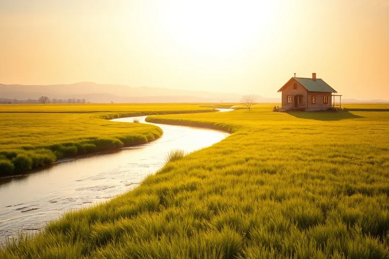 Río tranquilo fluyendo hacia un campo verde con una casa, bajo un cielo soleado
