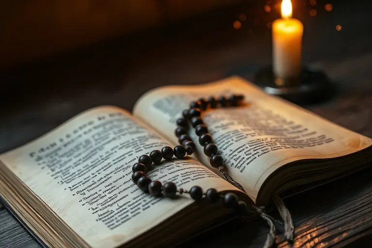 Libro de oraciones antiguo, rosario y vela en una mesa de madera, evocando un espacio de contemplación y fe.
