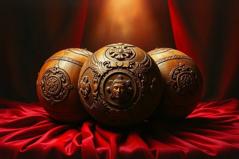 Bodegón cinematográfico de tres esferas de madera antiguas, intrincadamente talladas, cada una única en su veta pero perfectamente encajadas, descansando sobre un paño de terciopelo en una cámara tenuemente iluminada y sagrada. Una luz suave ilumina su conexión perfecta, enfatizando la co-inherencia. Enfoque en la textura y la sombra.