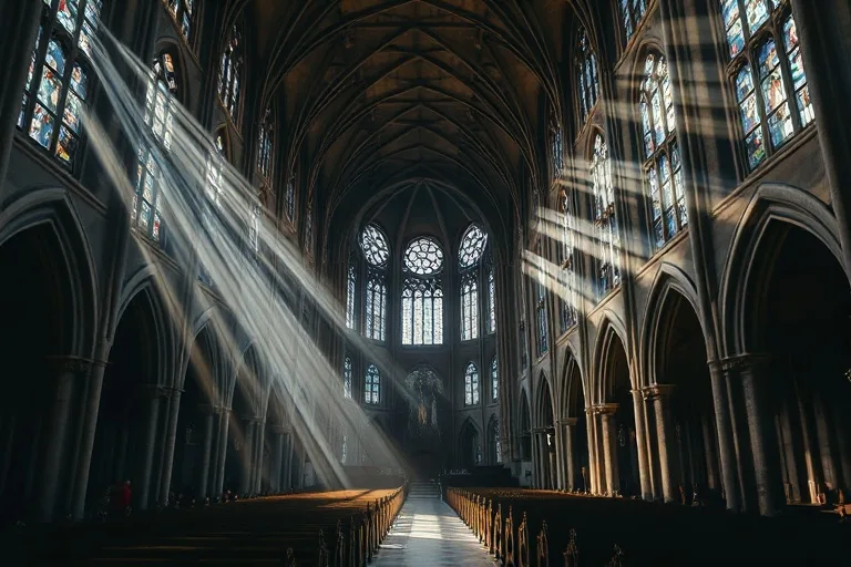 Fotografía cinematográfica de un rosario antiguo sobre una piedra pulida en un altar de madera, con luz de velas, simbolizando oración y paz.