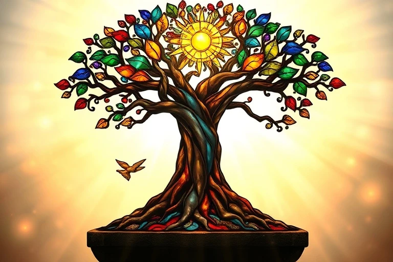 Arte de vitral que representa un árbol con raíces profundas y ramas que se elevan hacia el sol, simbolizando la gratitud duradera y la conexión divina.