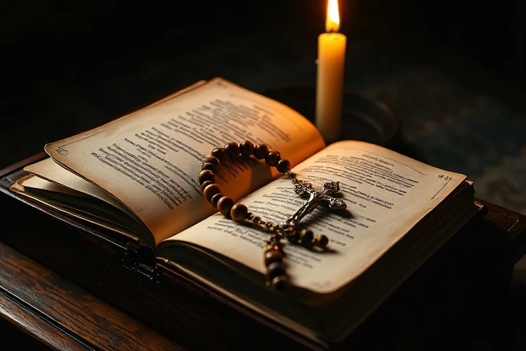 Libro de oraciones abierto con un rosario sobre un reclinatorio de madera, iluminado por una vela, evocando un ambiente de oración y meditación.