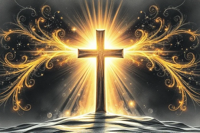 Ilustración 3D abstracta de luz divina emanando de una cruz geométrica, con partículas brillantes flotando, simbolizando la gracia y la conexión espiritual.