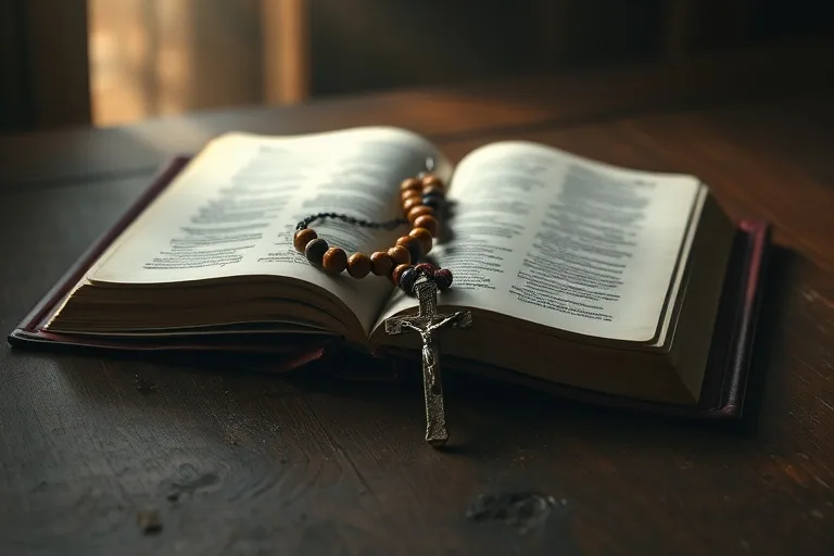Fotografía de bodegón de una Biblia abierta y un rosario sobre un altar de madera.