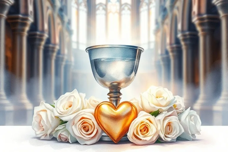 Pintura de acuarela de un cáliz con agua, rosas blancas y un corazón dorado.