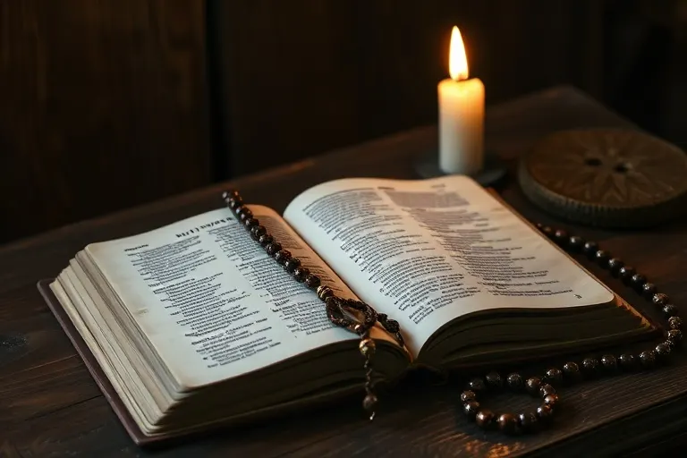 Biblia antigua abierta sobre un altar de madera, con un rosario y una vela encendida.