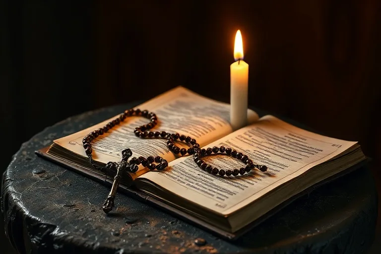Rosario y Biblia sobre madera, con vela encendida, símbolo de fe y consuelo en la enfermedad.
